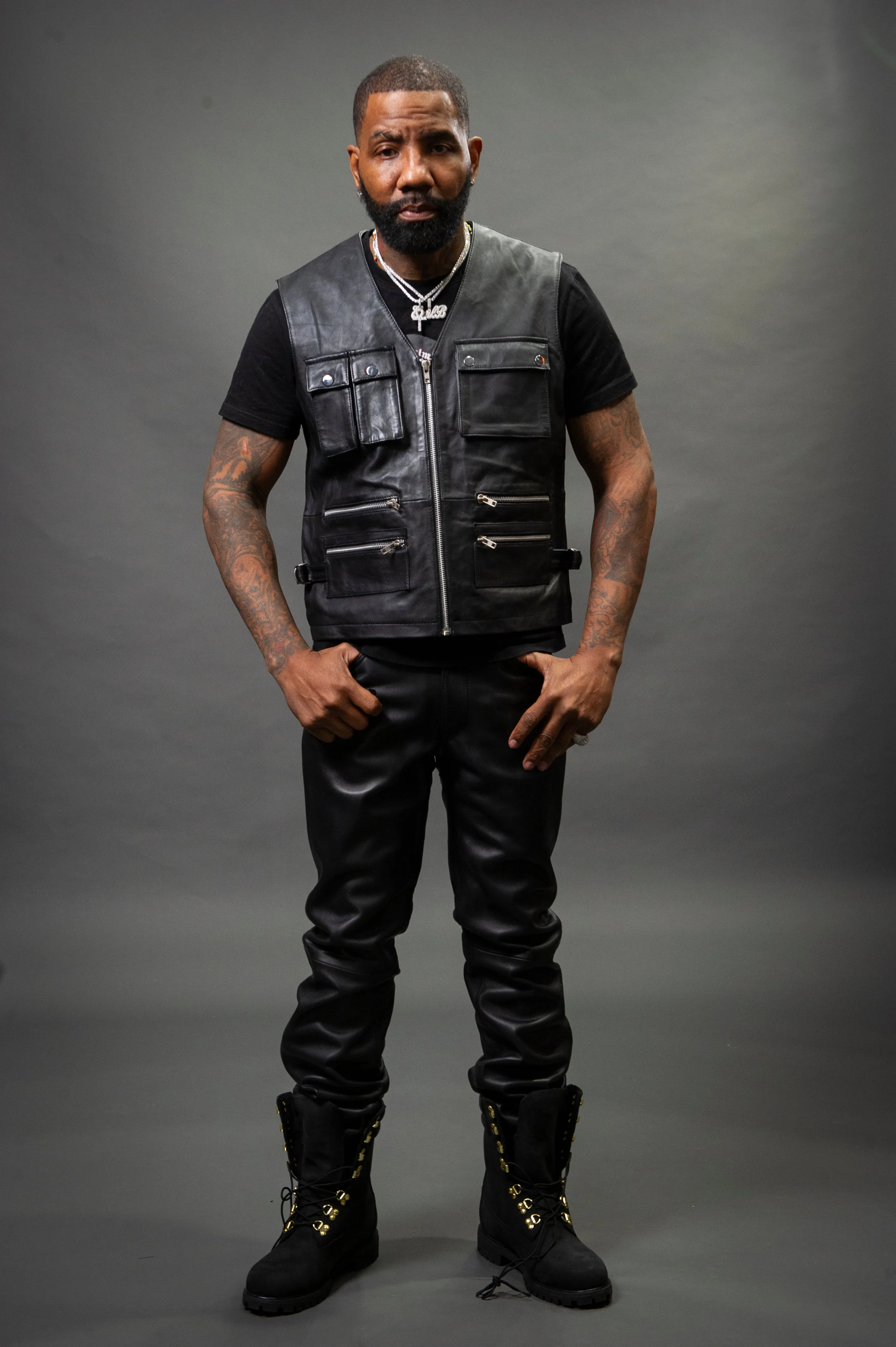 Men's Leather Tactical Vest With Leather Pants Black [Slim-Cut]