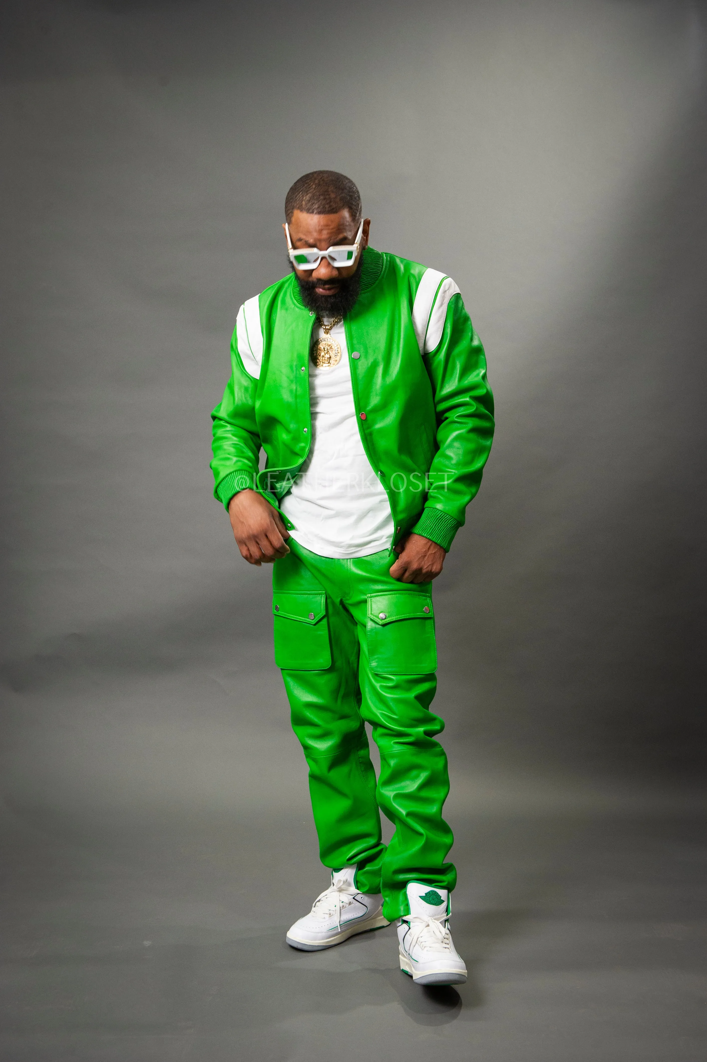 Men's Liam Varsity Jacket & Leather Cargo Pants [Green]