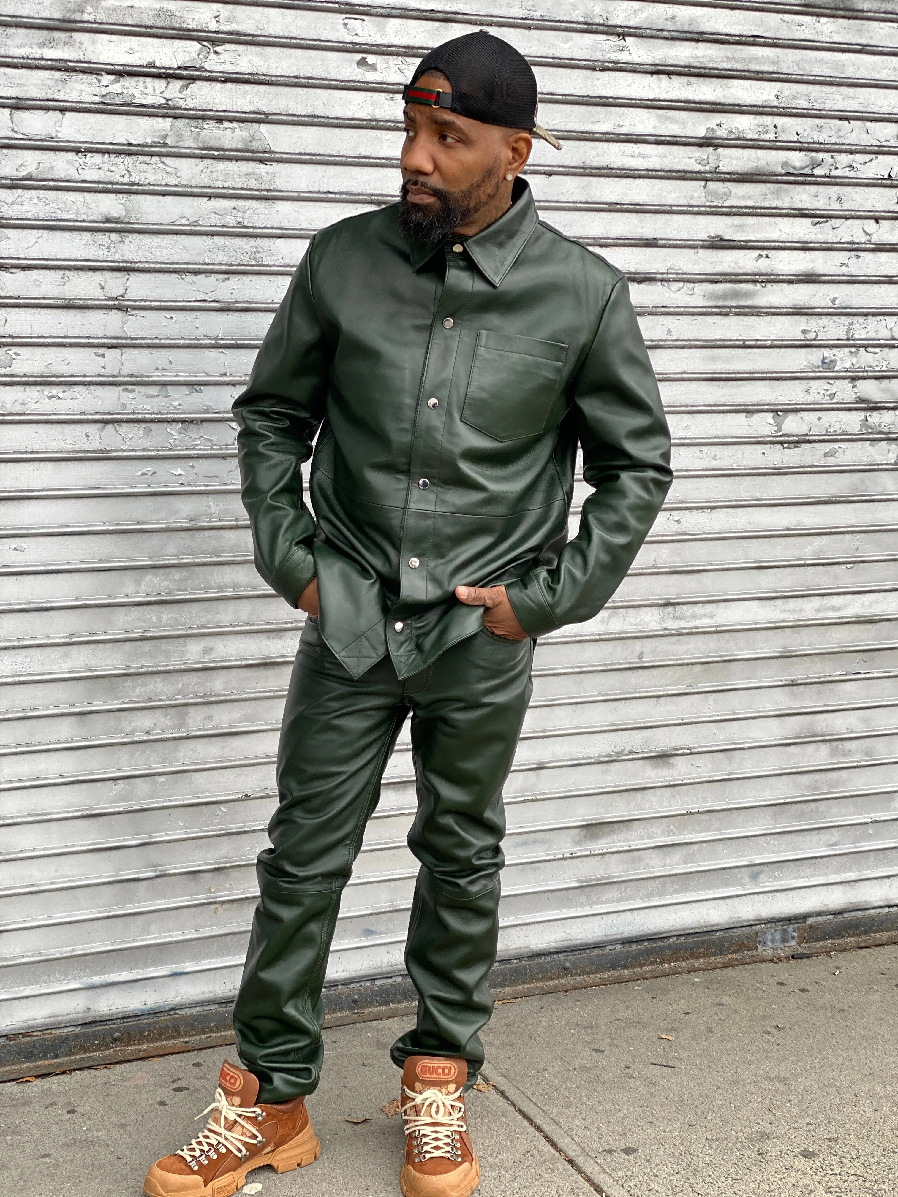 Men's Luka Leather Shirt And Pants Set [Money Green]