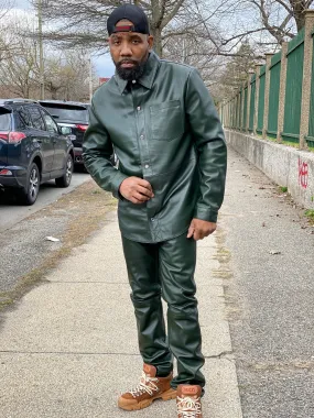 Men's Luka Leather Shirt And Pants Set [Money Green]