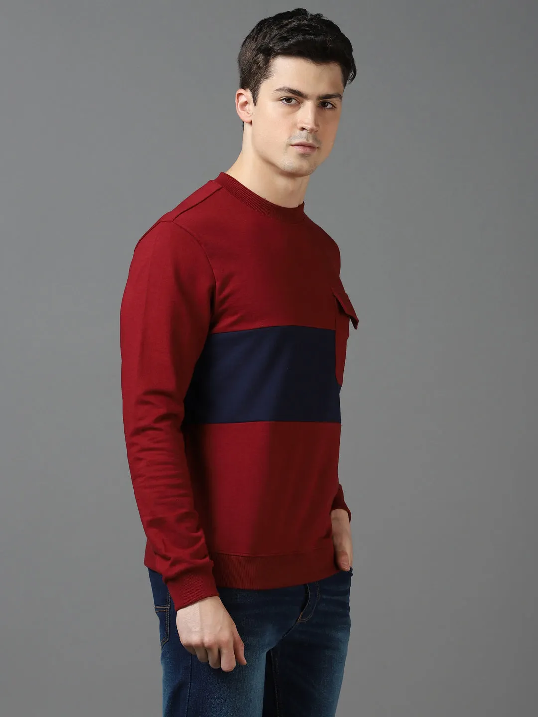 Men's Maroon Cotton Color Block Round Neck Sweatshirt