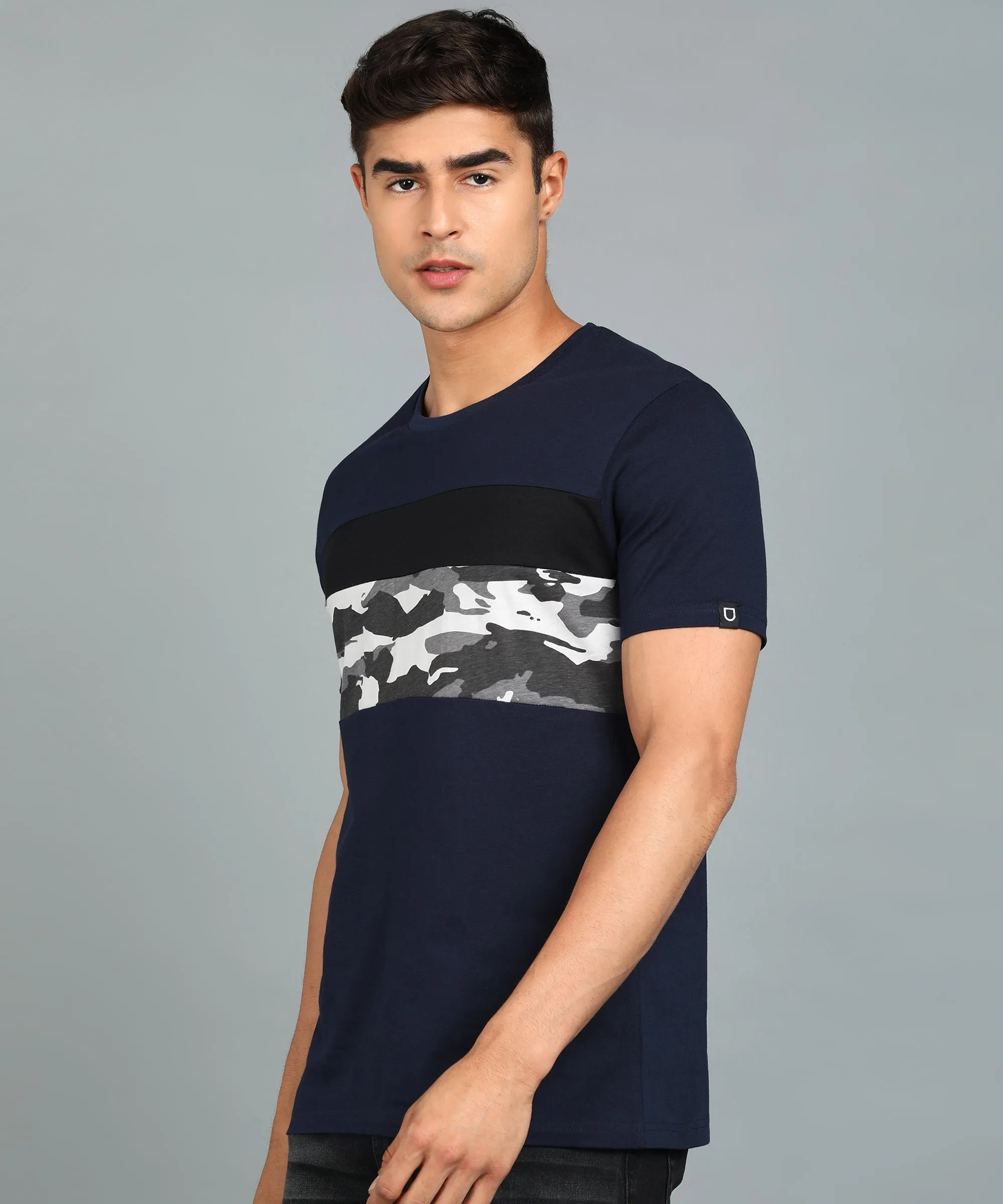 Men's Navy Blue Military Camouflage Printed Slim Fit Half Sleeve Cotton T-Shirt