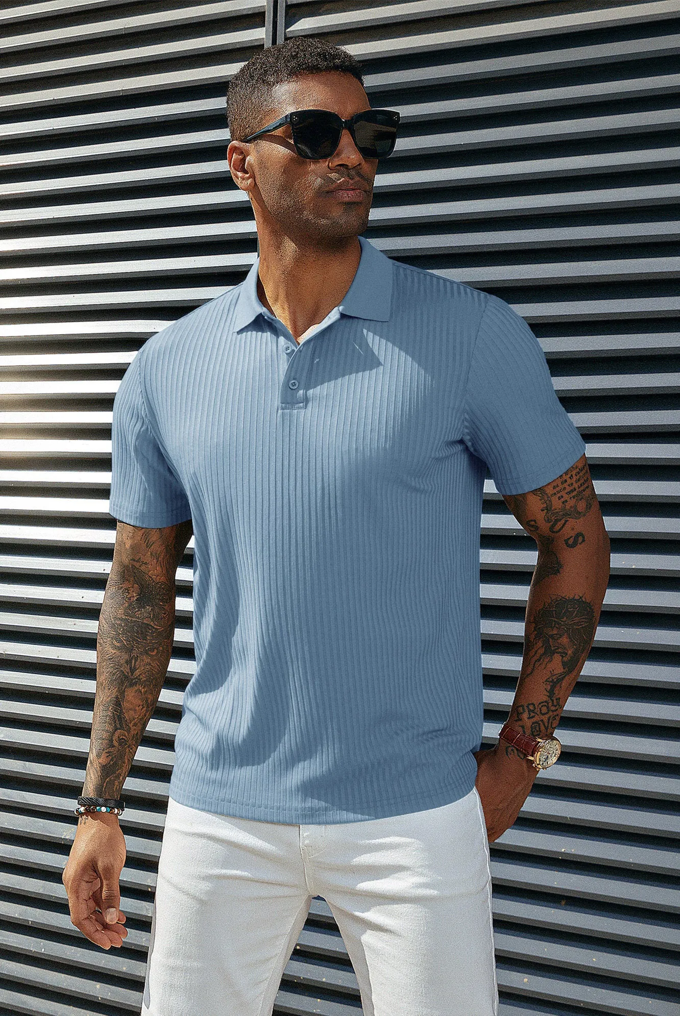 Mens Polo Shirts Textured Knit Short Sleeve Stretchy Golf Shirts