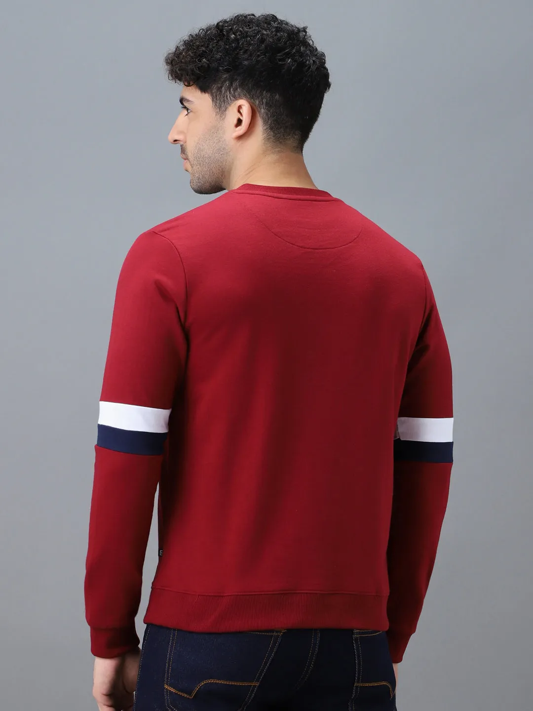 Men's Red Cotton Color Block Round Neck Sweatshirt