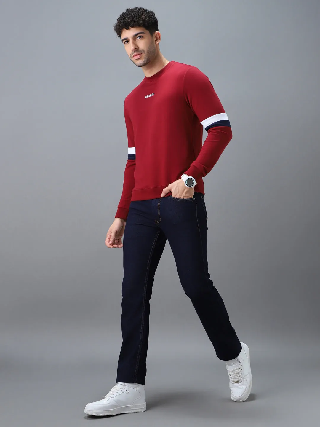 Men's Red Cotton Color Block Round Neck Sweatshirt