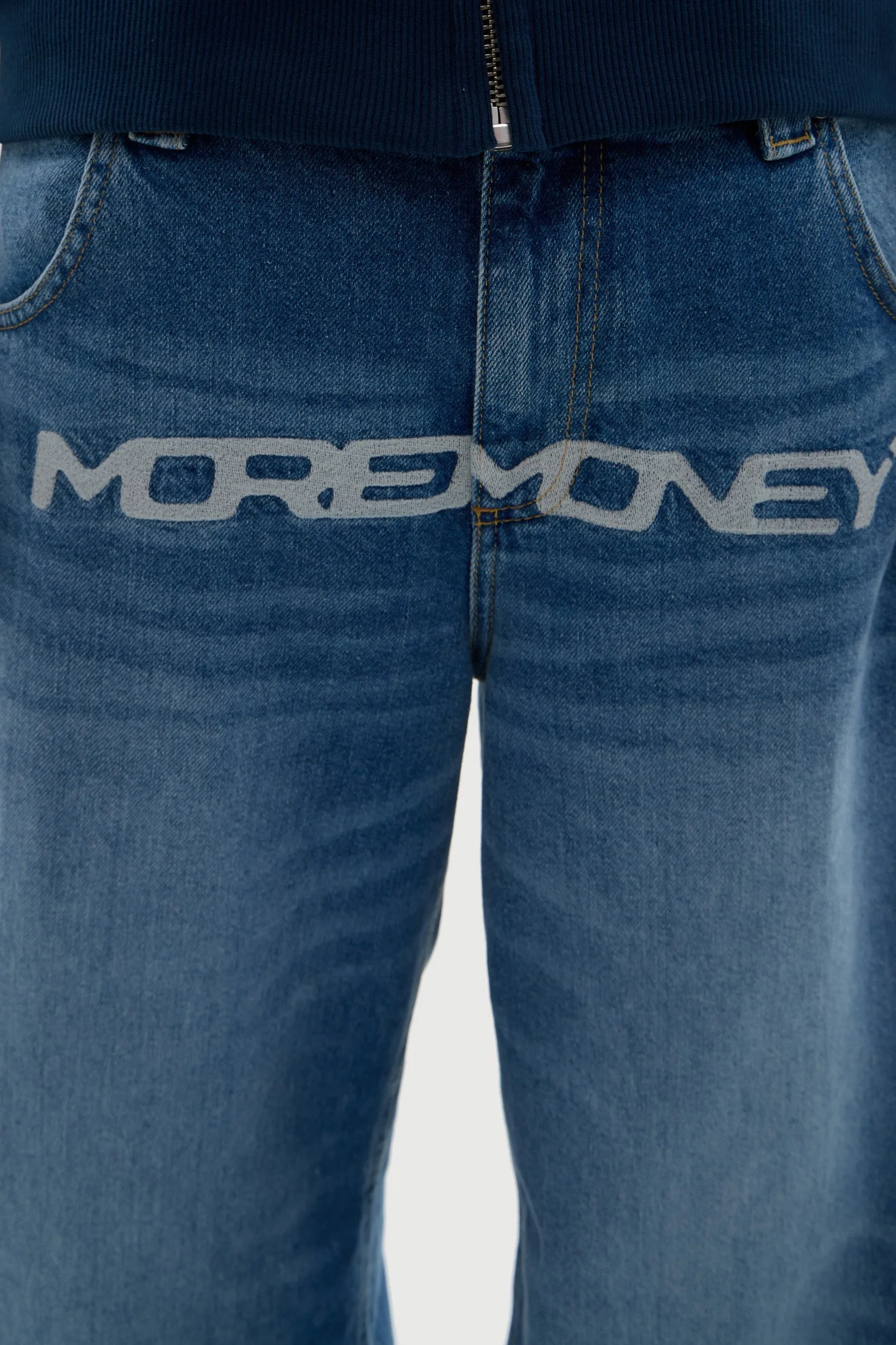 MORE MONEY LOGO BAGGY DENIM BLUE