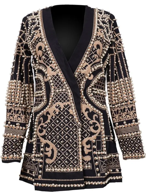 New Beaded Geometric Long Sleeves V-Neck Vintage Ladies Outwear fashion Overcoats