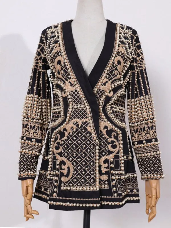 New Beaded Geometric Long Sleeves V-Neck Vintage Ladies Outwear fashion Overcoats