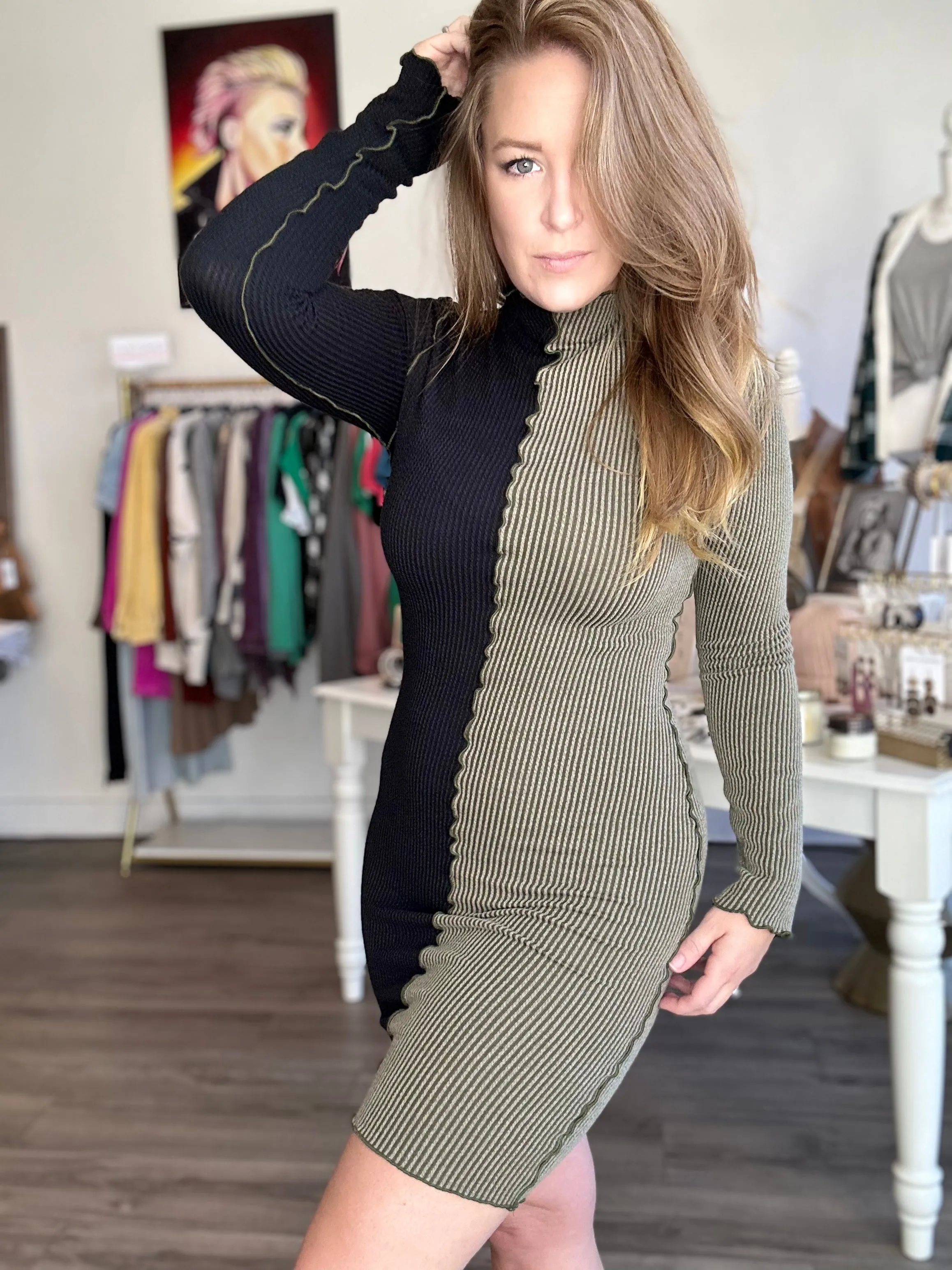 Olive Color Block Long Sleeve Dress