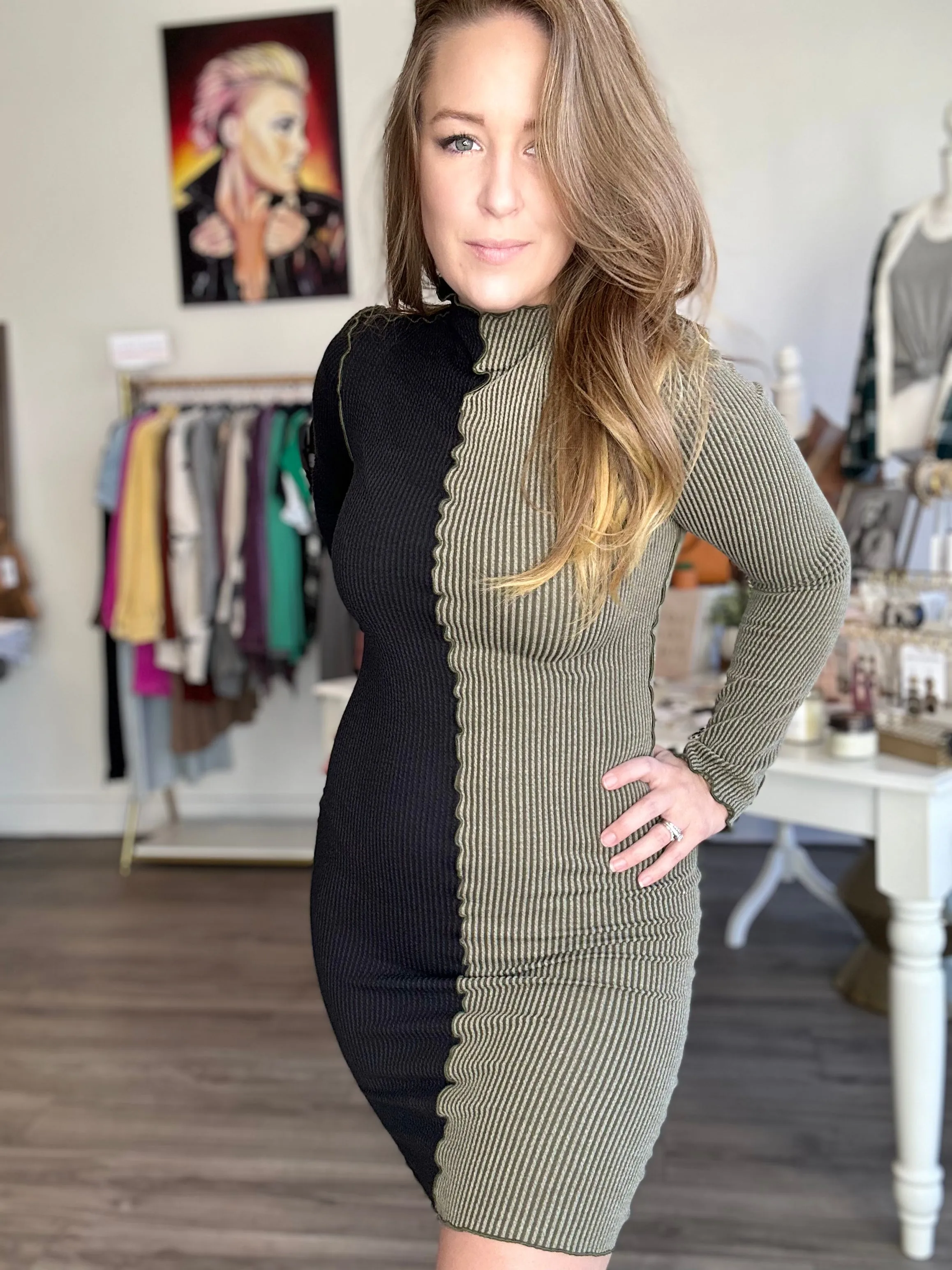 Olive Color Block Long Sleeve Dress