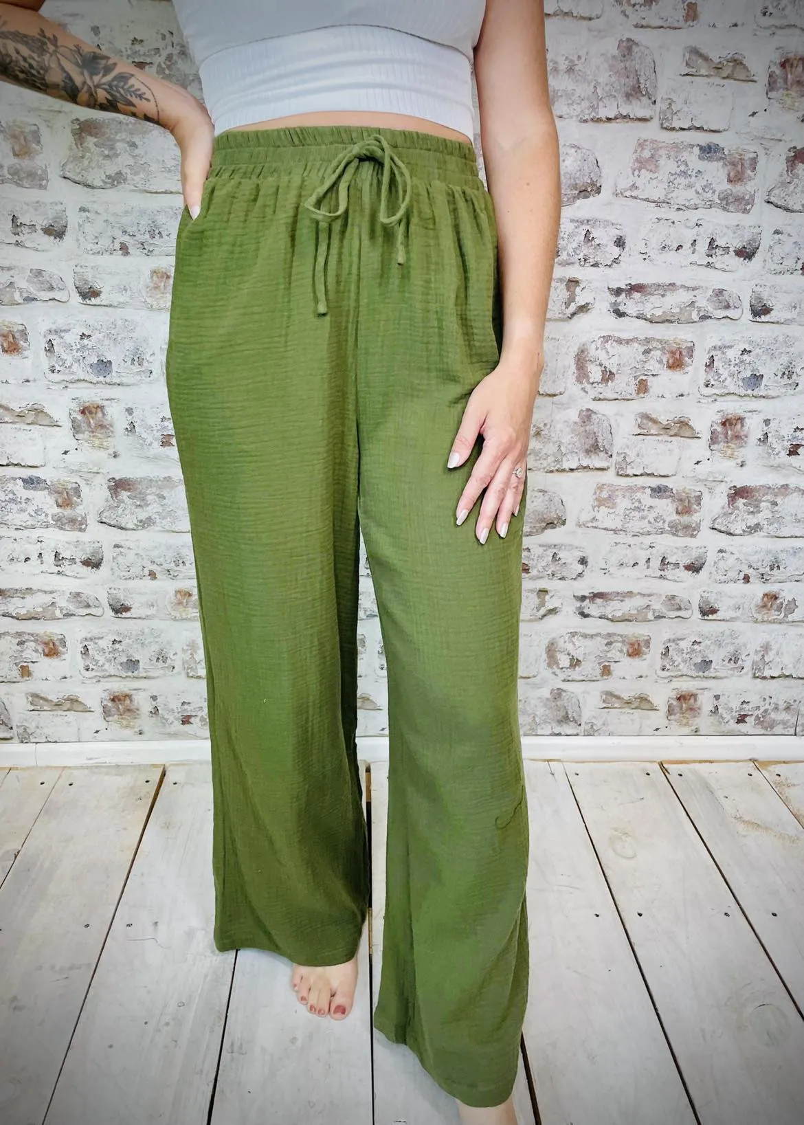 Olive Crinkle Textured Elastic Wide Leg Pants