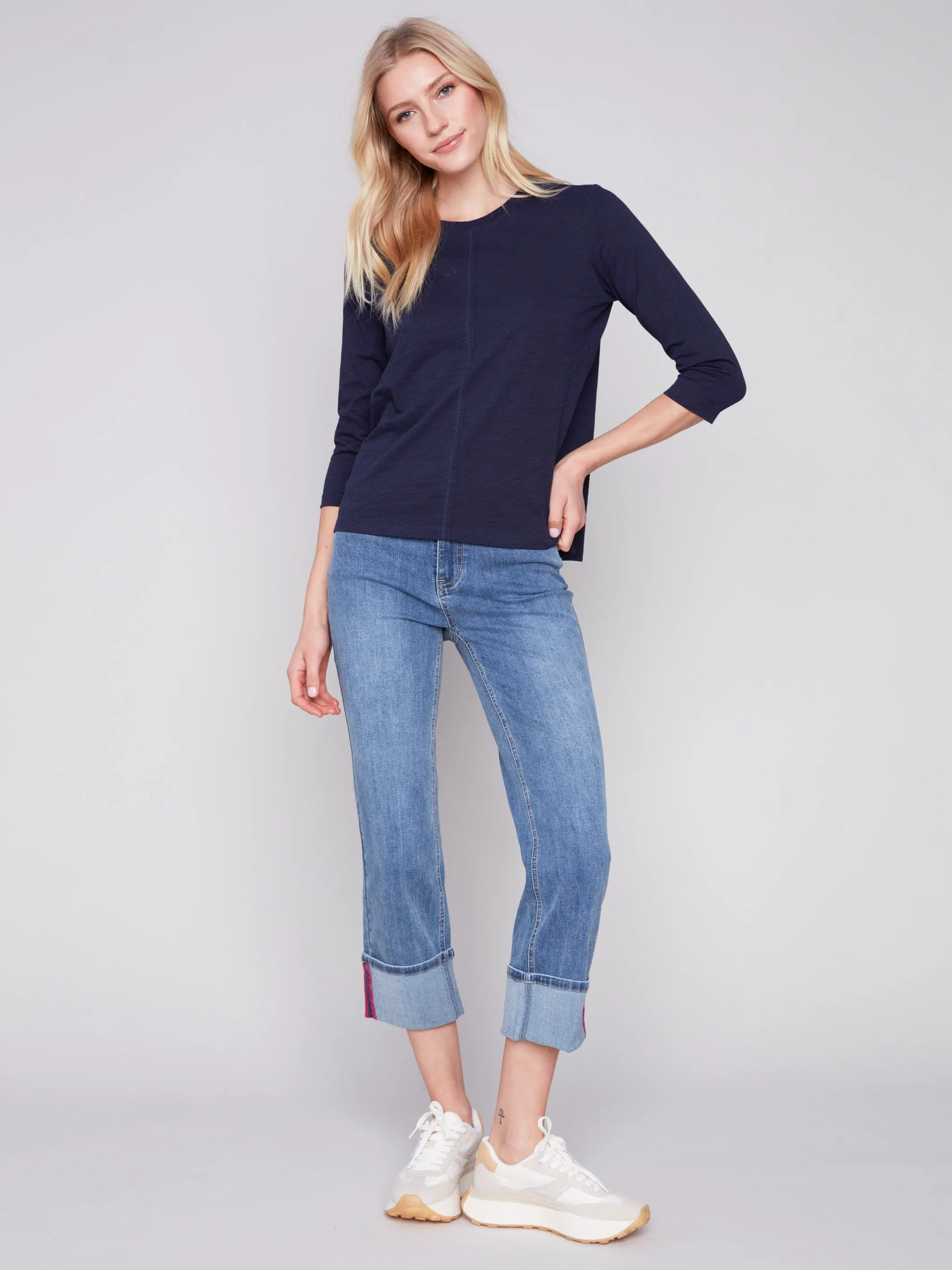 Organic Cotton Slub Knit Top - Navy