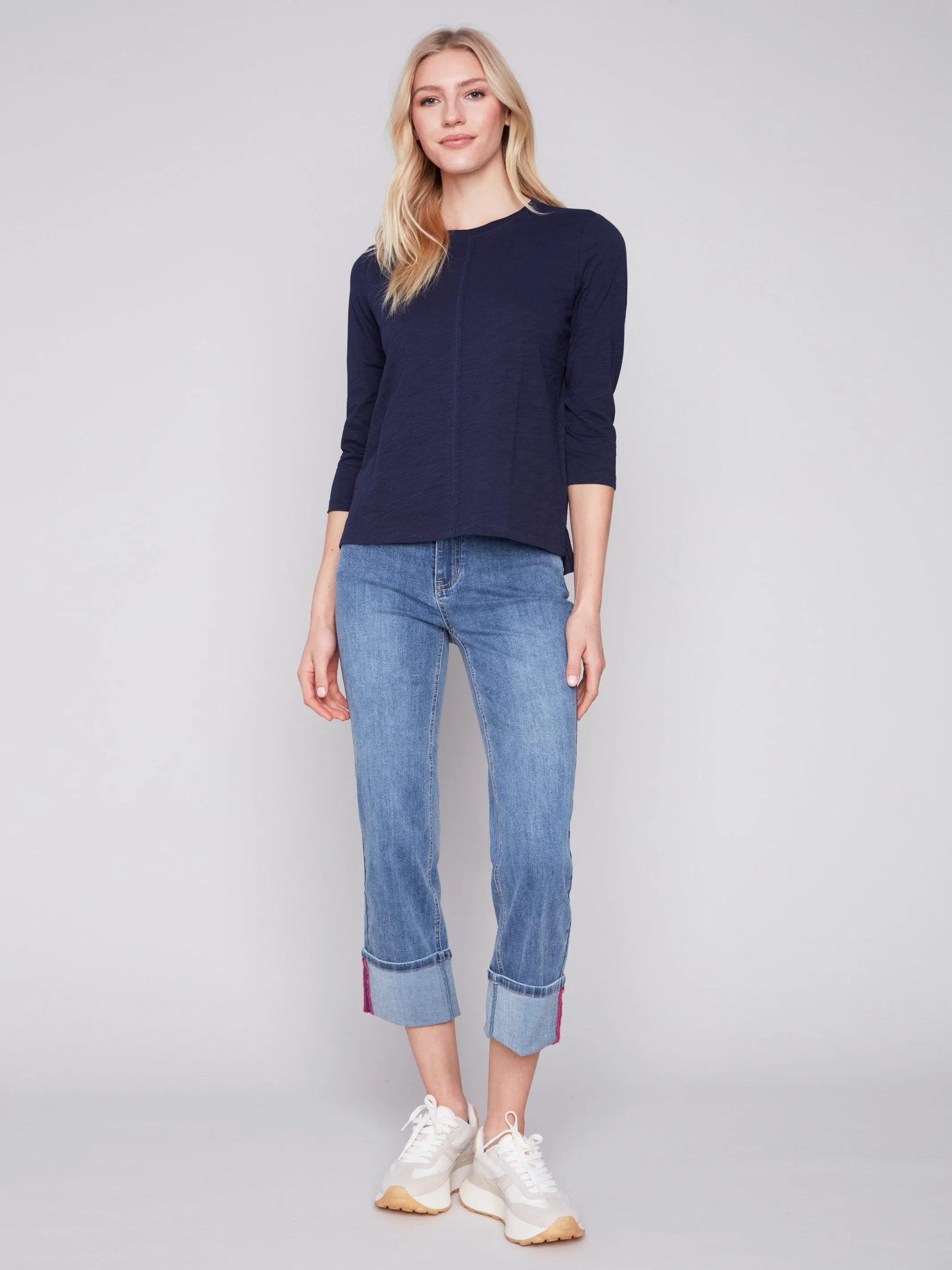 Organic Cotton Slub Knit Top - Navy