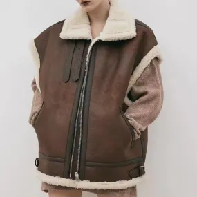 Oversized Pleather Faux Fur Shearling Vest Jacket Fur Collar