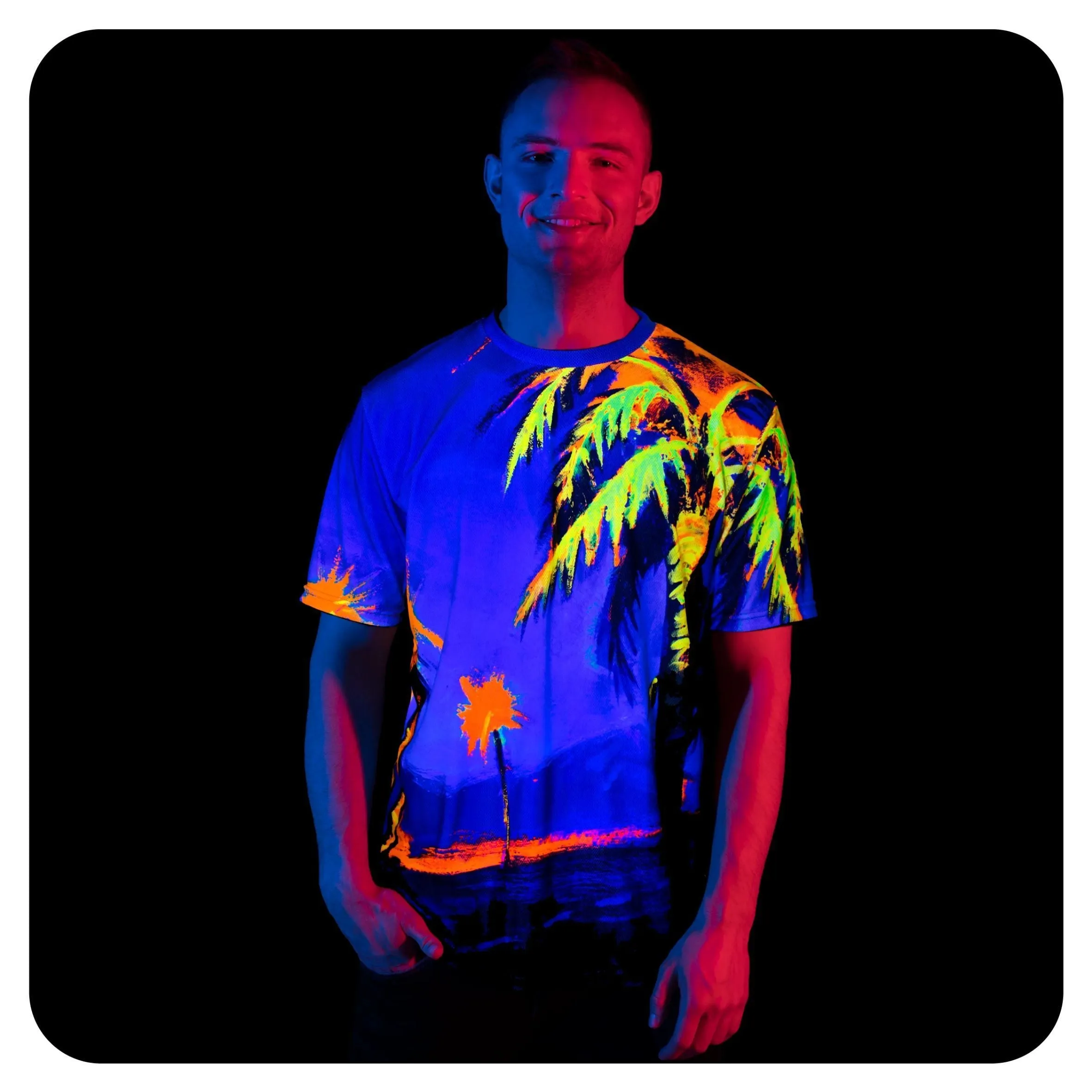 Palms Print T-Shirts Neon Glow in UV Fluorescent Hawaii Palm