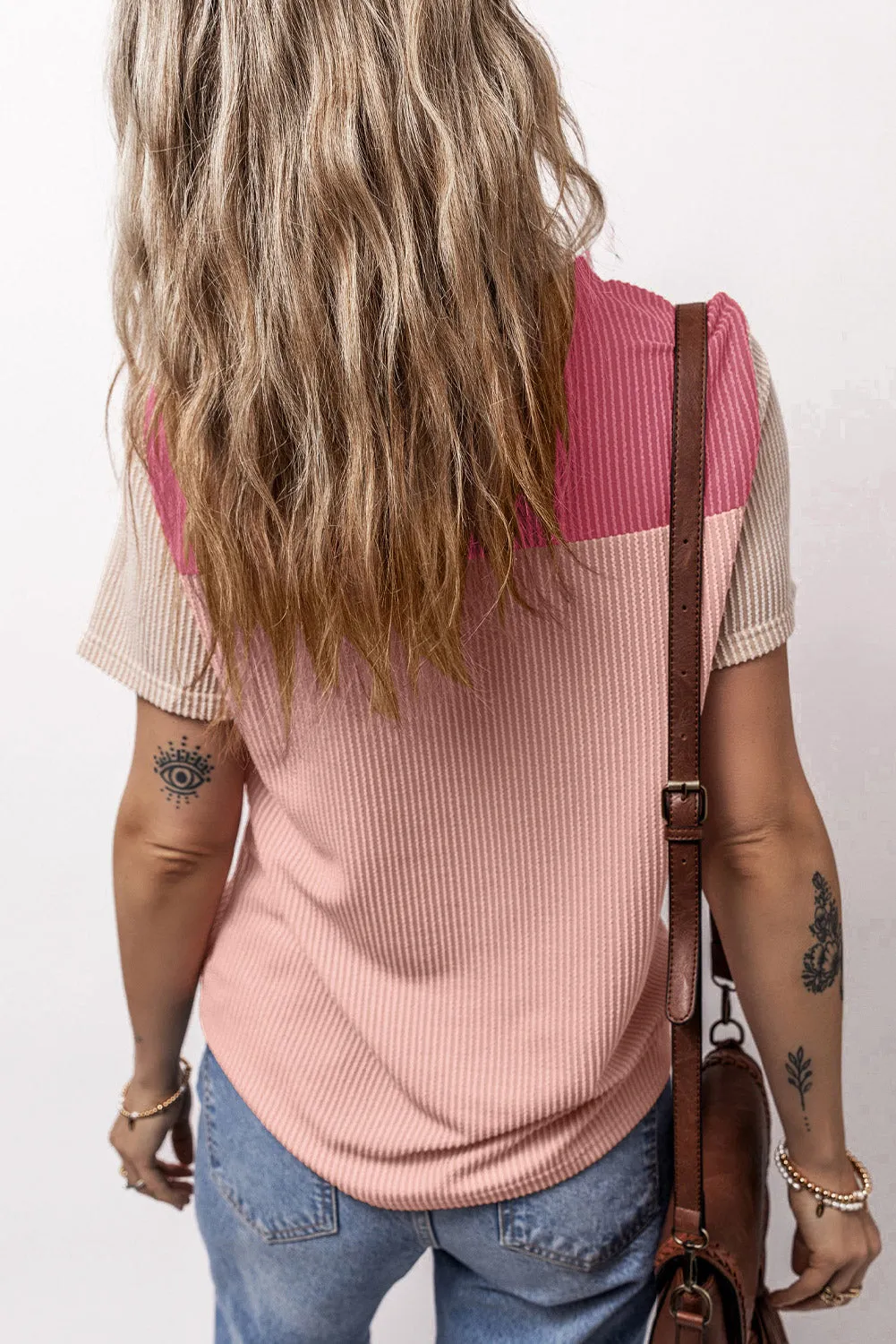 Pink Rib Textured Colorblock T Shirt