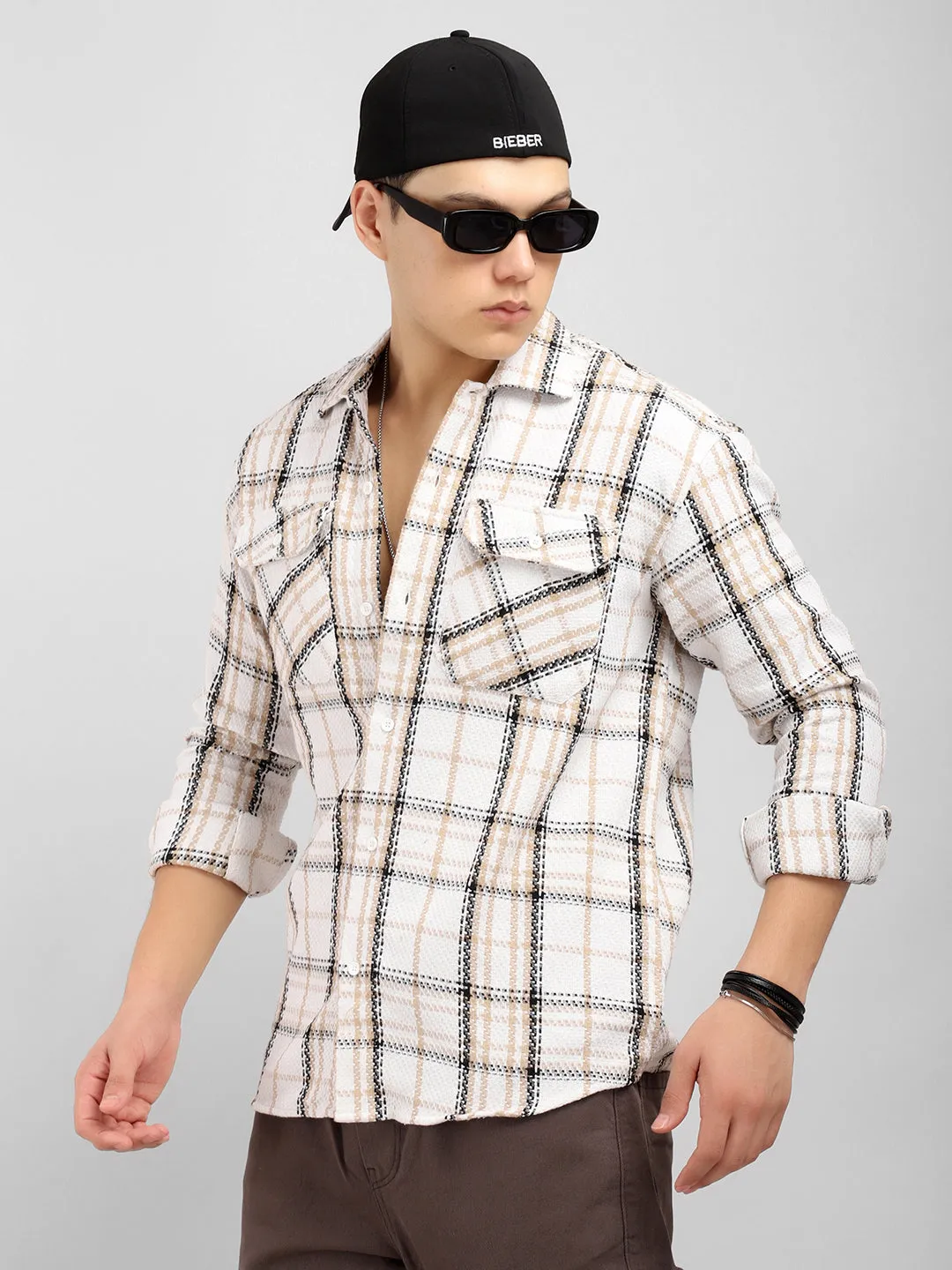 Plaiditude Beige Checked Shirts