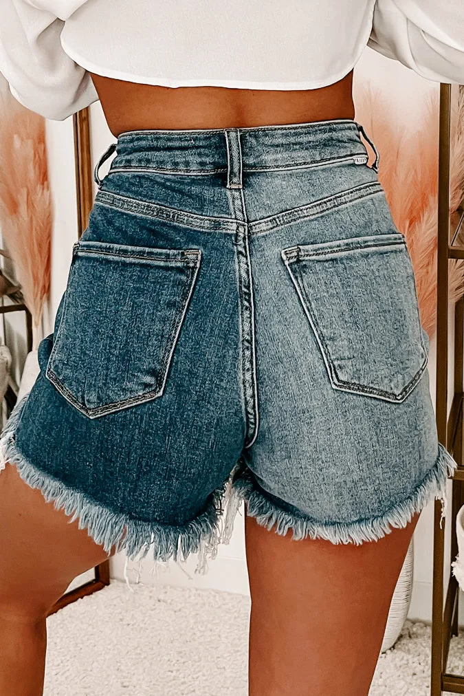 "Two Sided" Raw Hem Risen Two-Tone Denim Shorts (Blue Combo)