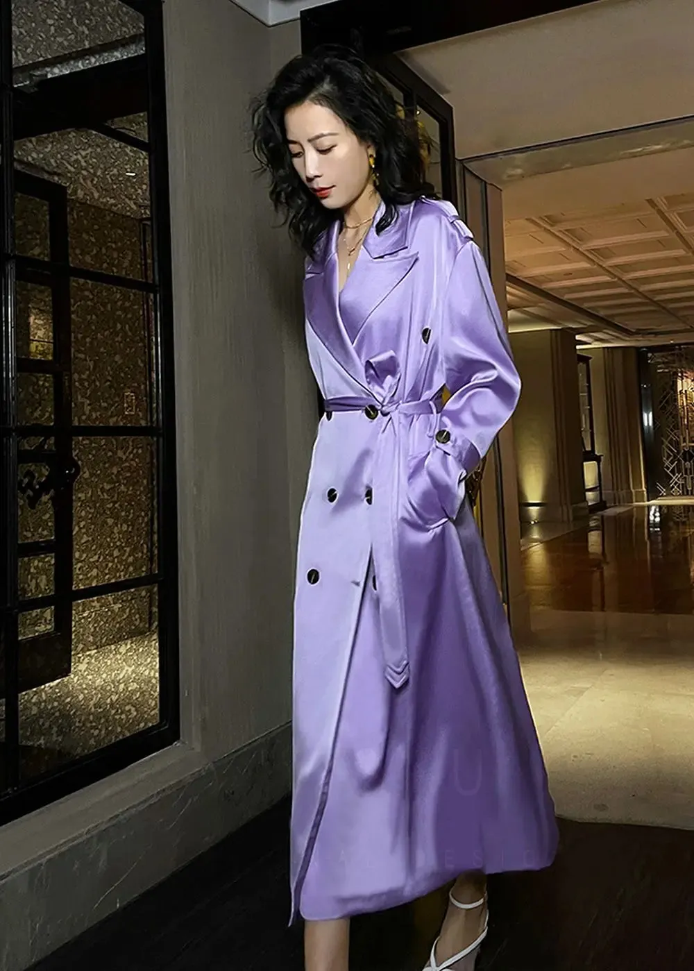 Satin Wide Lapel Double Breasted Long Coat