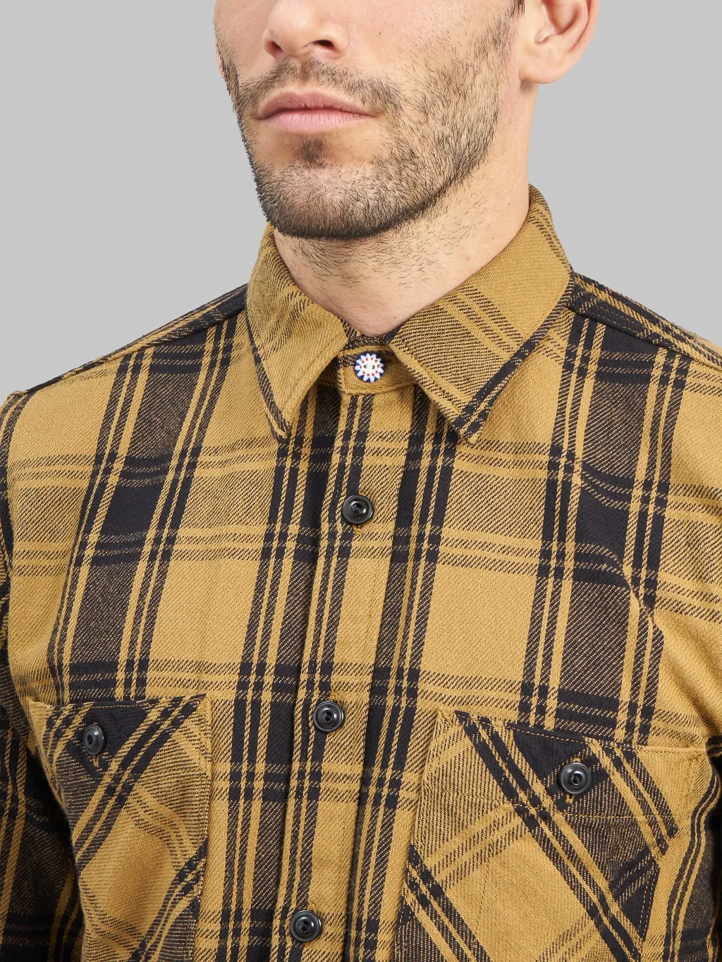 Seuvas Twill Work Flannel Shirt Amakusa Button Mustard