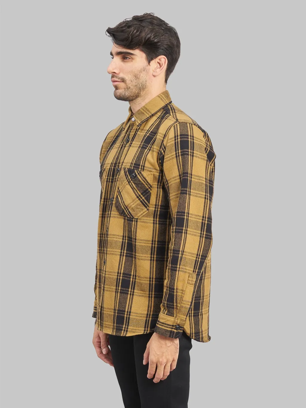 Seuvas Twill Work Flannel Shirt Amakusa Button Mustard