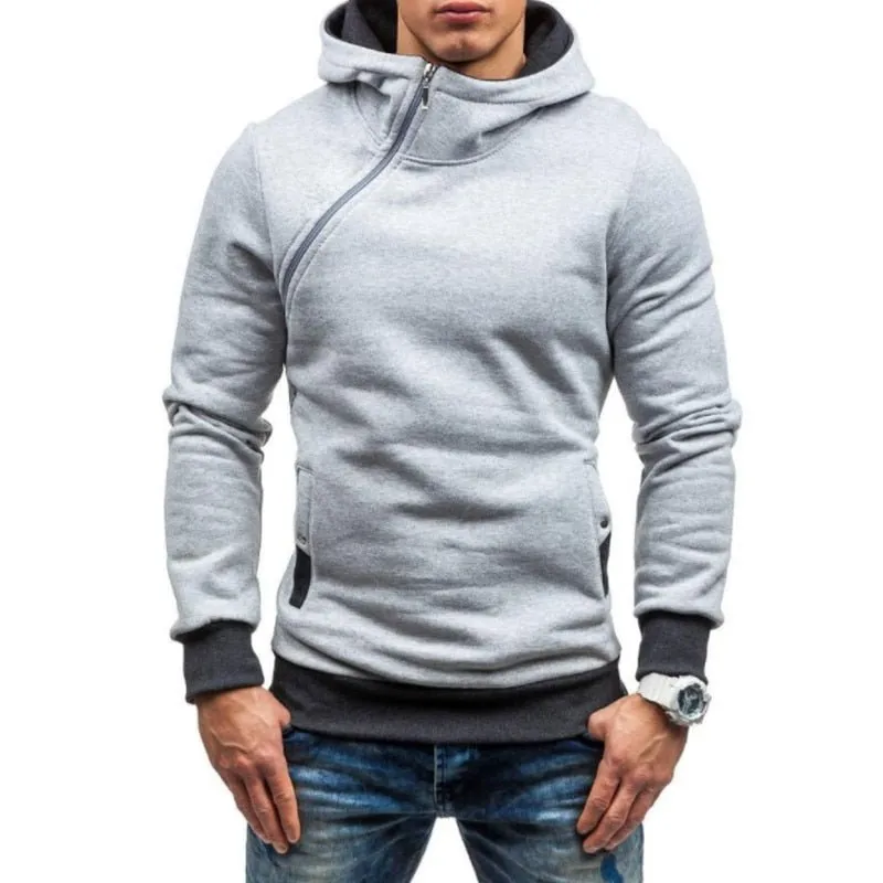 Solid color pullovers with hooded slanted zippers