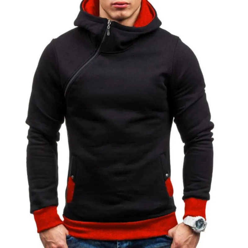 Solid color pullovers with hooded slanted zippers