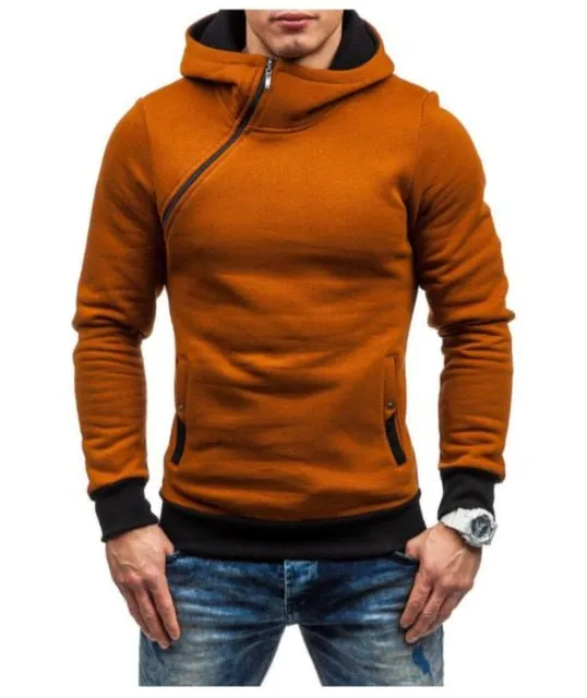 Solid color pullovers with hooded slanted zippers