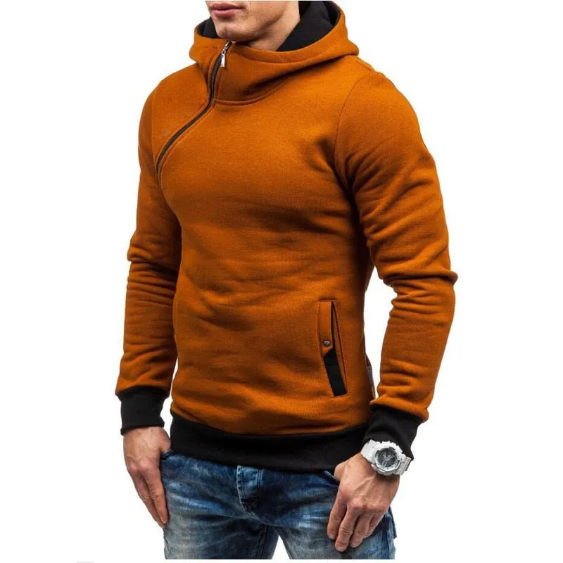 Solid color pullovers with hooded slanted zippers