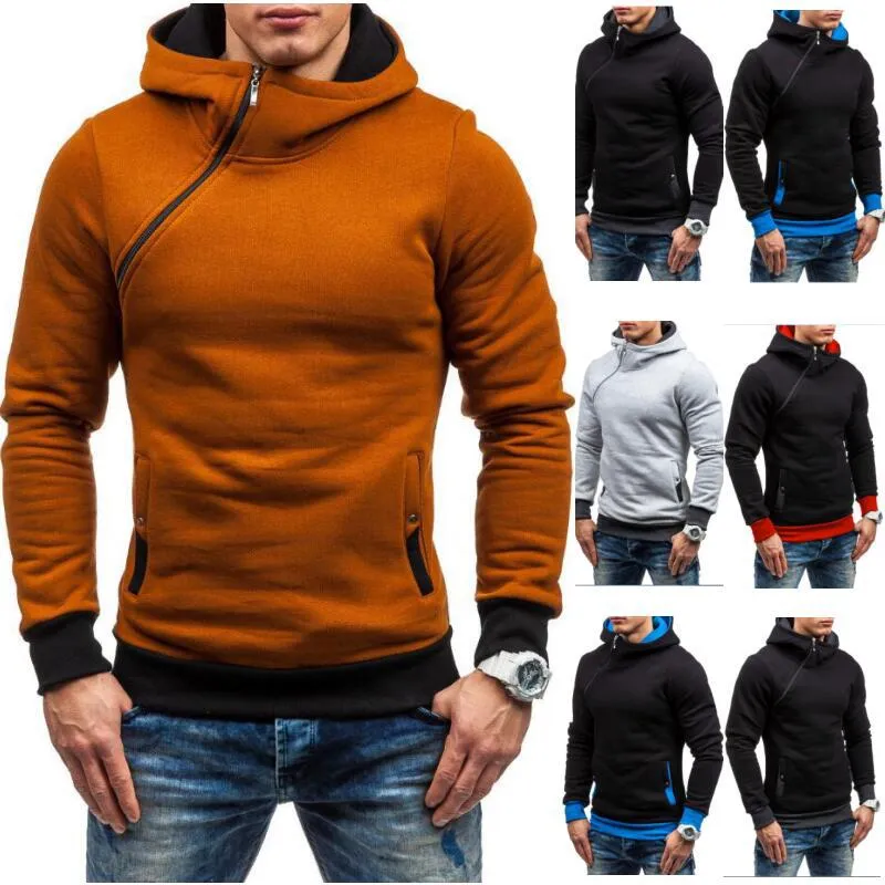 Solid color pullovers with hooded slanted zippers