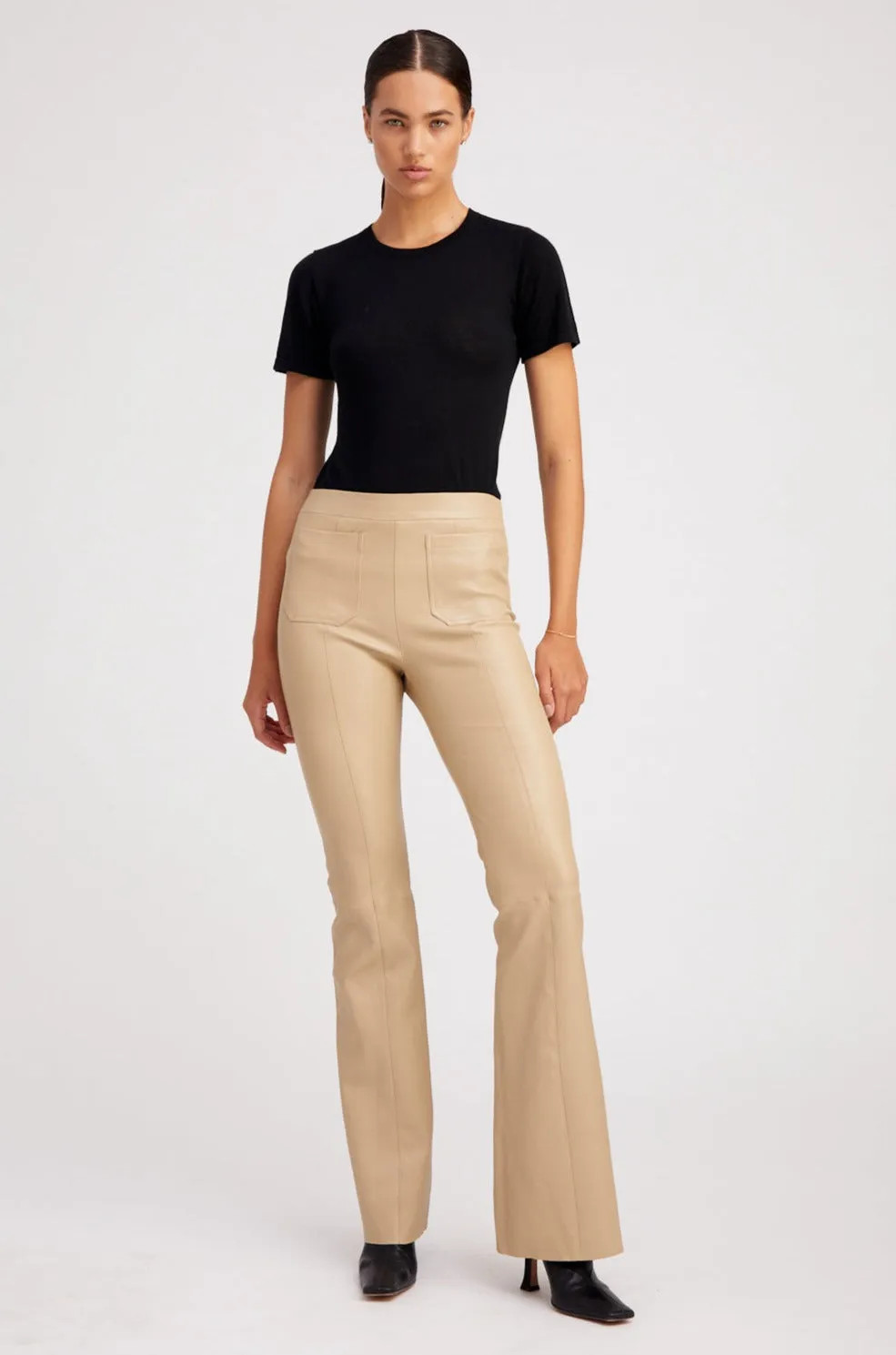 Travertine Leather Patch Pocket Super Flare Pants