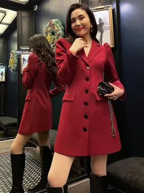 Women Burgundy Single Breasted Long Blazer Trench Dress