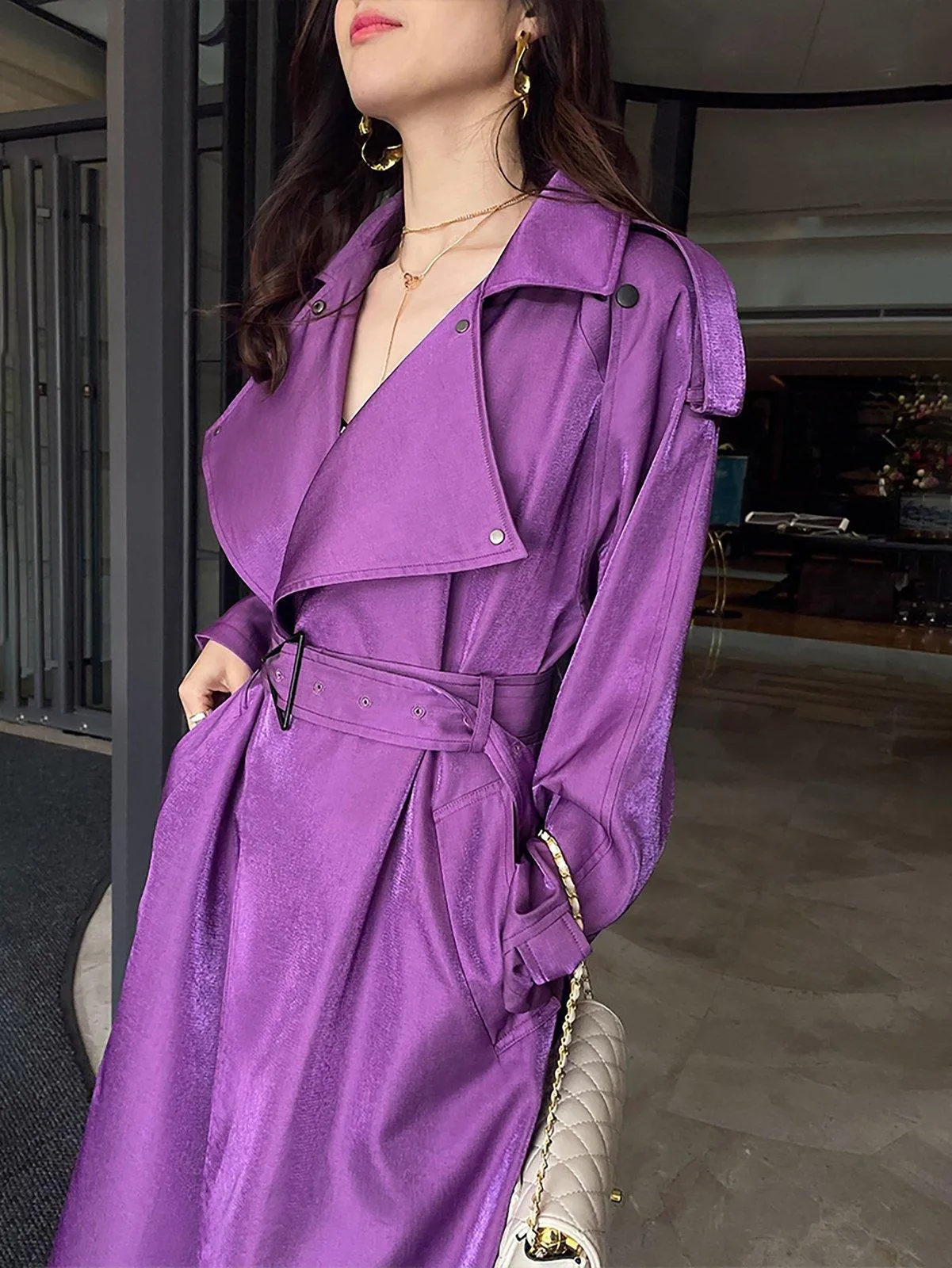 Women Purple Oversize Belted Long Trench Coat