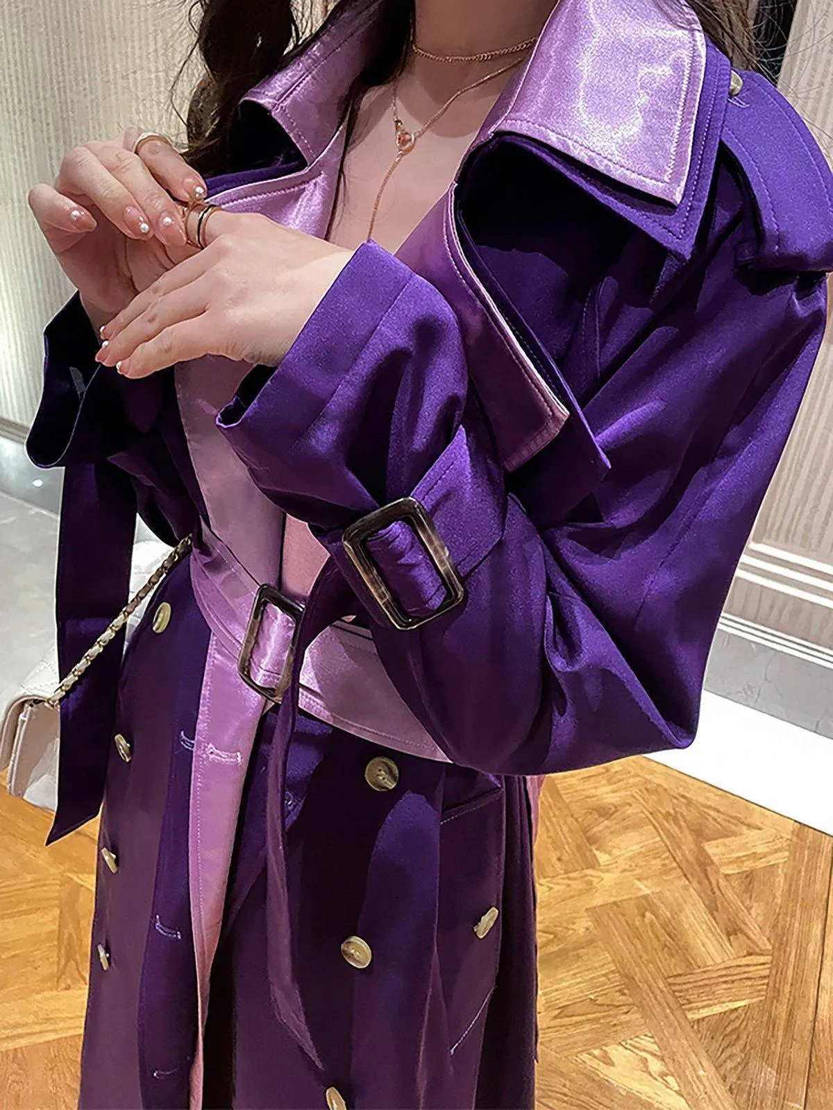 Women Purple Satin Double Breasted Long Trench Coat