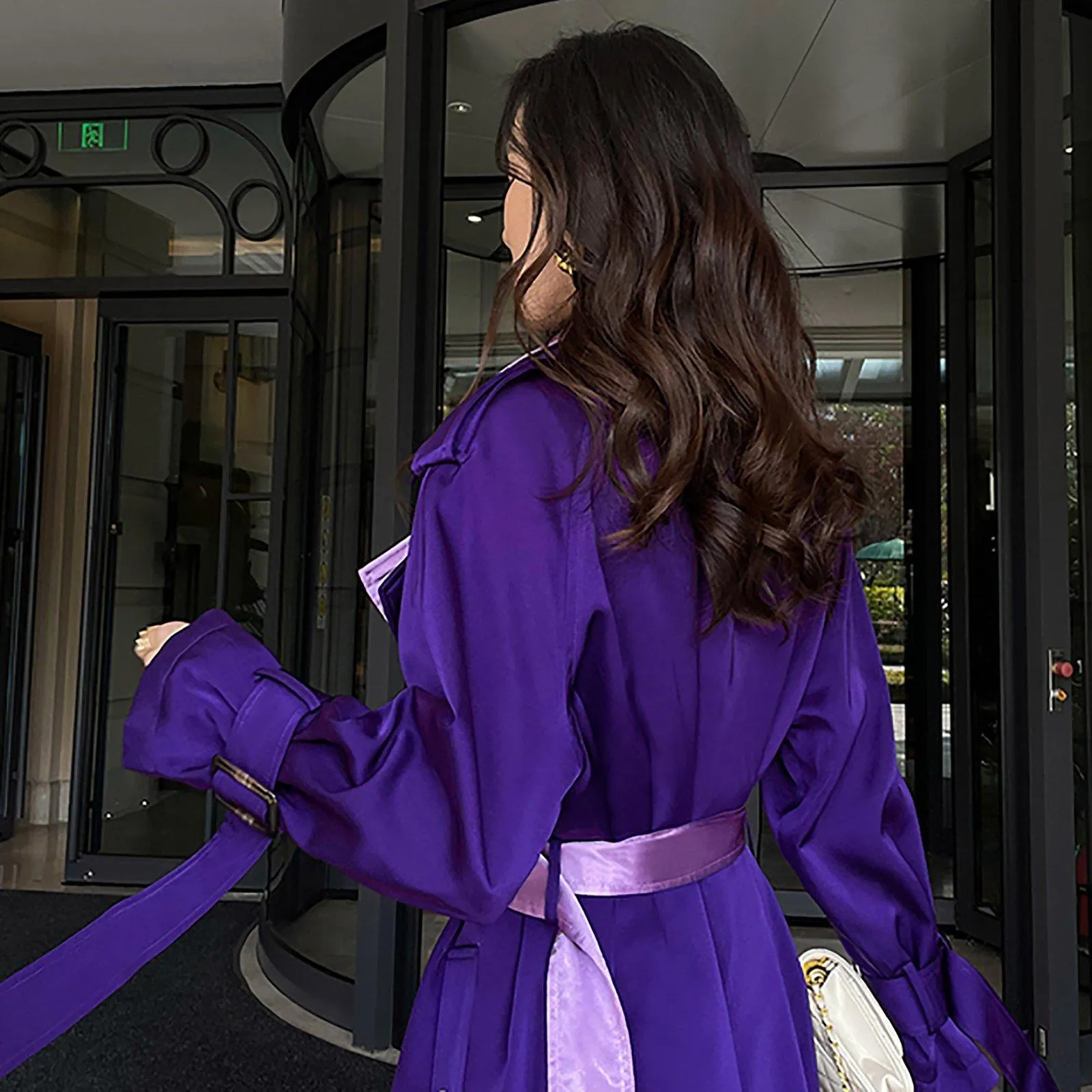 Women Purple Satin Double Breasted Long Trench Coat