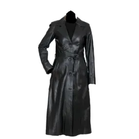 Zoe black buttoned long leather coat with belt